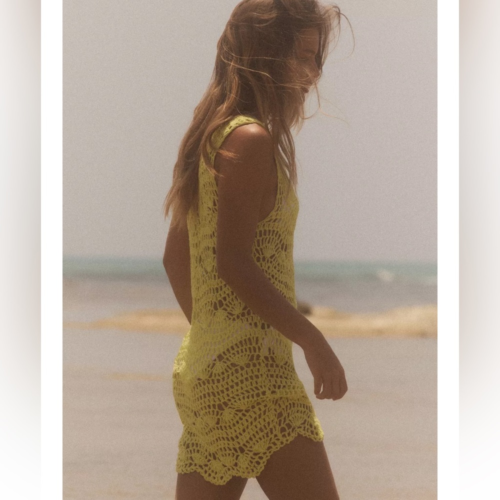 Zara NWT open knit mini dress yellow coverup 3646/001 - Picture 9 of 12
